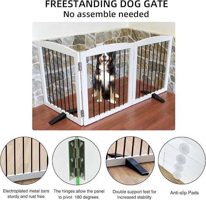 Foldable Wooden Freestanding Dog Gate - 32" H, 3 Panels, Stairs/Doorways, Support Feet Included, White-PurrikoPets