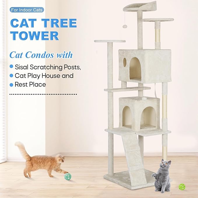 FDW Cat Tree Tower 81in Multi-Level Durable Cat Scratching Post & Cozy Fun Jumping Platform Space Saving Condo Pet Play House for Indoor Cats,Beige-PurrikoPets