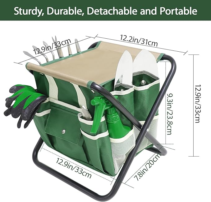 Garden Tool Set, 10 Piece Kit with Heavy Duty Folding Stool, Detachable Storage Tote Bag, Stainless Steel Tools, Gifts for Women Men Green-PurrikoPets