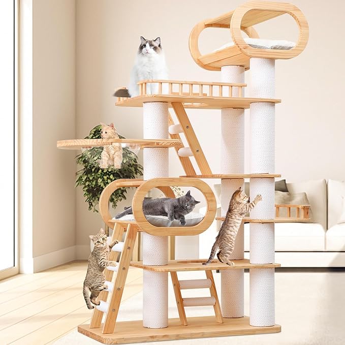 77‘’ Modern Cat Tree, Tall Wood Cat Tower for Indoor Cats Large Adult, Heavy Duty Cat Tree with Scratching Post, Luxury Kitty Condo, Sturdy Cat Furniture with 1 Transparent Bed and 3 Climb Labber-PurrikoPets