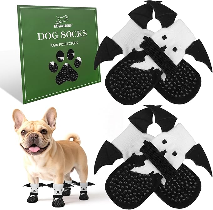 EXPAWLORER Halloween Anti Slip Dog Socks to Prevent Licking Paws, Boots & Paw Protectors with Grippers,Doggie Booties for Hardwood Floors for Small Medium Large Senior Dogs Costume White Ghost Wings M-PurrikoPets