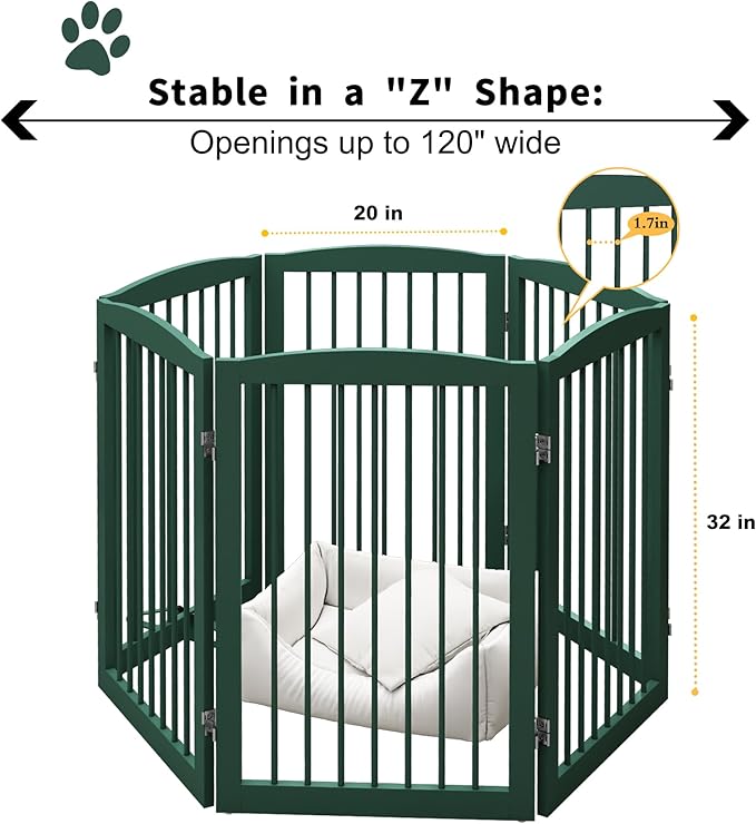 Freestanding Pet Gate for Dogs, Foldable Wooden Dog Gate for House, Extra Wide Indoor Pet Barrier for Stair, Doorway, Hall, Support Feet Included, 120 Inch Wide, 6 Panels 24",Green-PurrikoPets