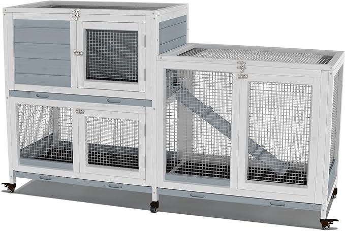 GDLF Two Floors 58" Wooden Indoor Bunny Hutch Rabbit Cage on Wheels Guinea Pig PET House for Small to Medium Animals Waterproof No Leak Tray-PurrikoPets