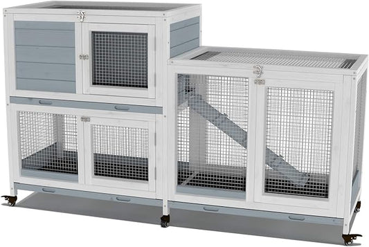GDLF Two Floors 58" Wooden Indoor Bunny Hutch Rabbit Cage on Wheels Guinea Pig PET House for Small to Medium Animals Waterproof No Leak Tray-PurrikoPets