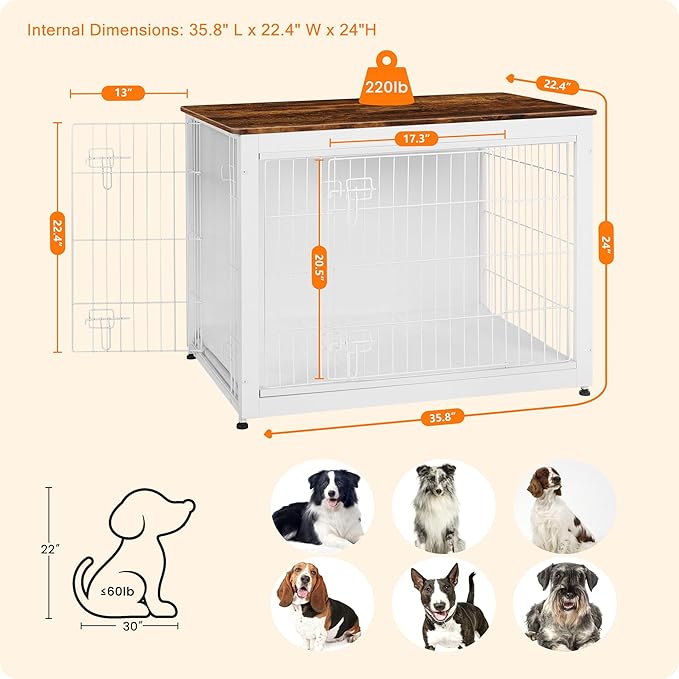 DWANTON Dog Crate Furniture with Cushion, Wooden Kennel Table with Double Doors, Indoor Dog House, Large Size, 38.5" L, White+Rustic Brown-PurrikoPets