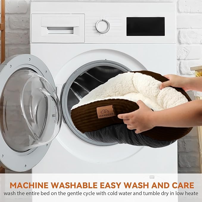 23in Round Cat Dog Bed for Large Medium Small Dogs Cats, Machine Washable Sleeping Sofa, Non-Slip Bottom Breathable Soft Calming Pet Cuddler for Indoor/Outdoor/Car/Cage, Brown-PurrikoPets