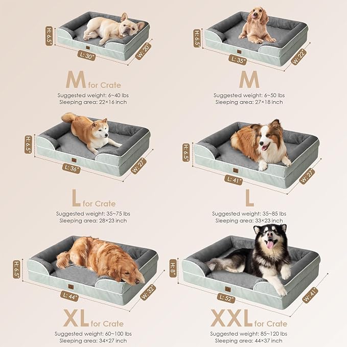 EHEYCIGA Orthopedic Dog Beds for Large Dogs, Waterproof Memory Foam Large Pet Bed with Sides, Non-Slip Bottom and Egg-Crate Foam Dog Couch Bed with Washable Removable Cover, Greyish Green-PurrikoPets