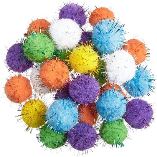 30Pcs 1.2inch/3cm Sparkle Balls for Cats - Interactive Toy Pom Pom Fuzzy Tinsel Cat Balls for Indoor Play (Mixed Colour)-PurrikoPets