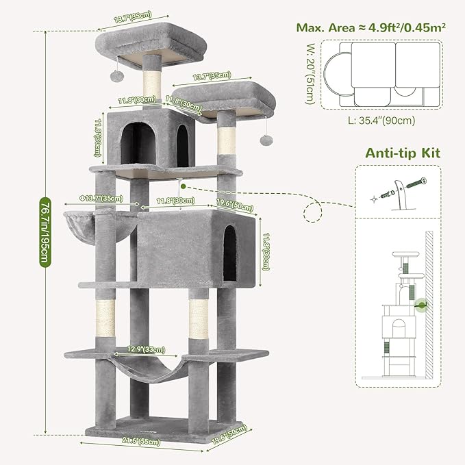 Globlazer Cat Tree Tower, 76-Inch Extra Tall Multi-Level Cat Furniture with Cozy Condos, Hammock and Perches for Adult Cats, Perfect for Climbing, Scratching, and Play, F76, Light Grey-PurrikoPets