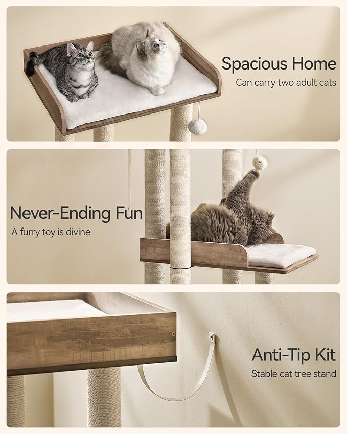 FourFurPets 43.7" Cat Tree, Modern Cat Tree Tower, Cat Tower for Indoor Cats Large Adult, Cat Condo with Scratching Post, Large Perch and Removable Pads, Greige-PurrikoPets