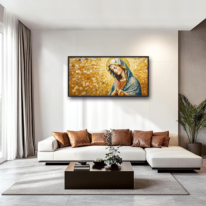 Extra Large Virgin Mary Framed Wall Art for Living Room,Oversized Golden Christian Religious Pictures Wall Decor,Canvas Print Painting Modern Artwork Bedroom Office Bathroom 60L" x 30W"-PurrikoPets