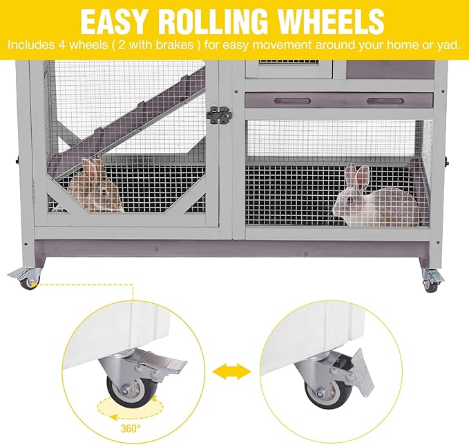 Aivituvin Rabbit Cage Indoor Outdoor Bunny Hutch on Wheels, 2 Story Wood Guinea Pig Cages with 2 Deeper Pull Out Trays (Gray)-PurrikoPets
