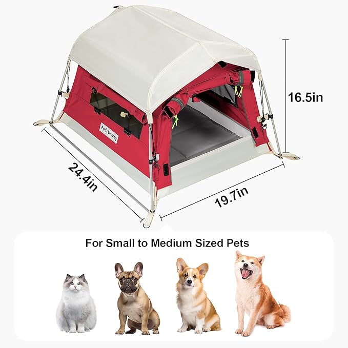 Dog Tent Cotton Fabric, Aluminum Poles and Camping Mat, Outdoor Weatherproof, Dog House Outdoor, Breathable with 2 Side Windows, Portable and Collapsible (Red, Small)-PurrikoPets