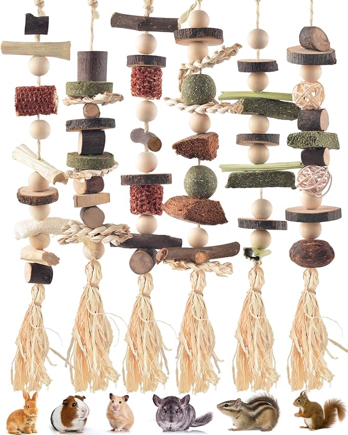 6PCS Bunny Chew Toys, Hamster Rabbit Cage Hanging Chew Toys, Natural Apple Wood Bunnies Treats, Improve Small Animal Teeth Health for Guinea Pig Chinchilla Ferret Rats Gerbil-PurrikoPets