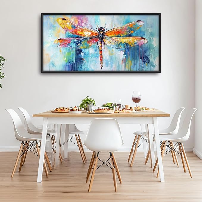 Extra Large Abstract Dragonfly Framed Wall Art for Living Room,Oversized Colorful Dragonfly Pictures Wall Decor,Teal Canvas Print Painting Modern Artwork Bedroom Office Bathroom 60L" x 30W"-PurrikoPets