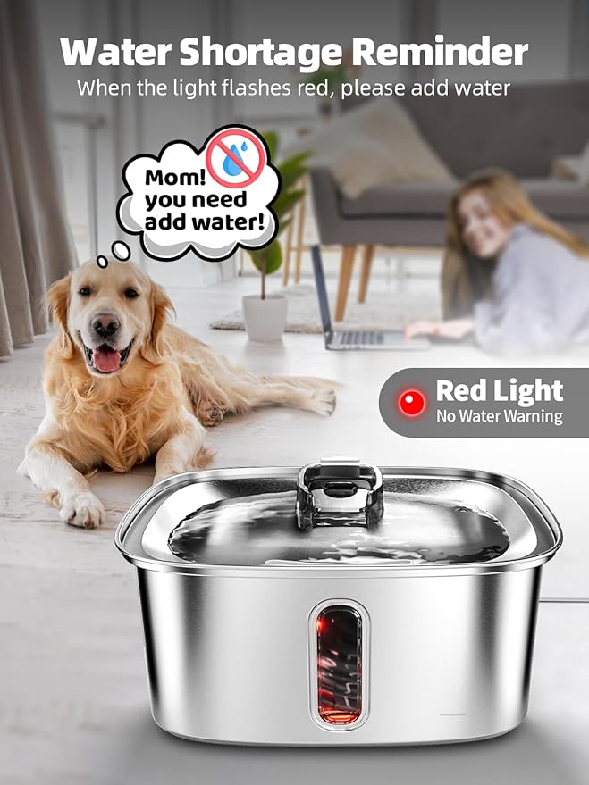 Dog Water Fountain for Large Dogs, 9L/2.4Gal Stainless Steel Dog Fountain with Water Level Window & Filtration, Automatic Pet Water Bowl Dispenser Indoor, Super Quiet for Multi-Pet-PurrikoPets