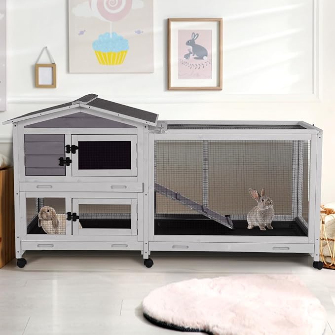 2-Story Indoor Rabbit Hutch with Chew-Proof Outdoor Rabbit Cage with 6 Locking Casters Bunny Cage 2 Pull-Out Trays Guinea Pigs Cage 62"-PurrikoPets