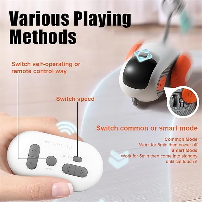 1pc Interactive Automatic Remote Control Cat Mice Car Toy and 1pc Smart Electric Moving Speedy Cat Ball Toy with Feather Tail, Suitable for Dogs, Keep Busy, Stimulating, Rechargeable (orange)-PurrikoPets