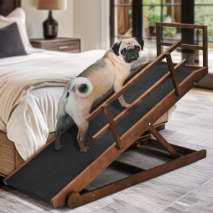 Dog Ramp for Bed, Adjustable Pet Ramps for Dog to Get on Bed, Non-Slip Rubber Surface - Folding Wooden Dog Ramp for Small/Large/Old Dogs, Adjustable up to 31 inch High Beds, Safety Railings-PurrikoPets