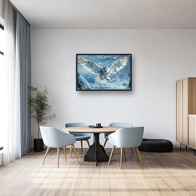 Framed Large Snowy Owl Wall Art for Living Room, Oversized Snowy Mountain Wall Decor Landscape Canvas Painting Modern Artwork Home Decoration for Living Room Bedroom Office 36"x24"-PurrikoPets