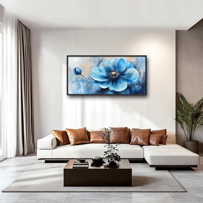 Extra Large Abstract Blue Flower Framed Wall Art for Living Room,Oversized Elegant Floral Pictures Wall Decor,Canvas Print Painting Modern Artwork Bedroom Office Bathroom 60L" x 30W"-PurrikoPets