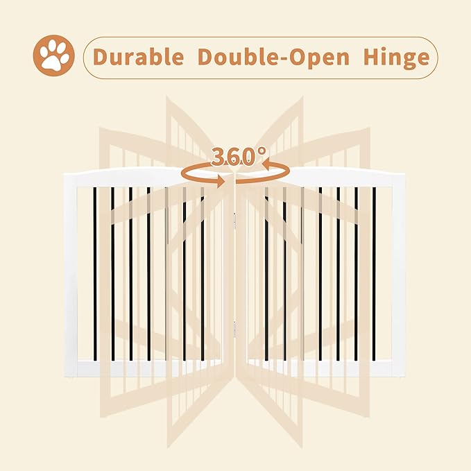 Freestanding Pet Gate for Dogs, Foldable Wooden Dog Gate for House, Indoor Pet Barrier for Stairs, Doorways, Support Feet Included, 24" Height 2 Panels, White-PurrikoPets