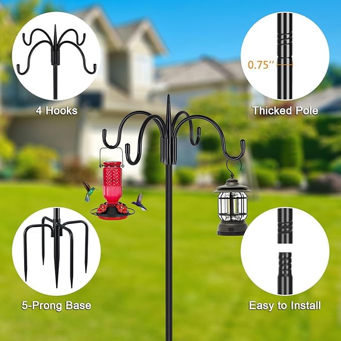 FEED GARDEN 76 Inch Four Shepherd Hooks for Outdoor,Bird Feeder Pole with 5 Prong Base, Adjustable Shepard Hooks for Hanging Plant, Solar Lanterns, Wind Chimes, 2 Pack-PurrikoPets