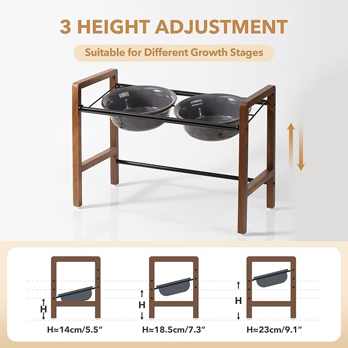 7.1inch Ceramic Adjustable Raised Double Bowls Set with Stand, 3 Heights Elevated, 2 Placement Options,Food and Water Bowls for Medium and Large Dog(Reactived Glaze -Grey)-PurrikoPets
