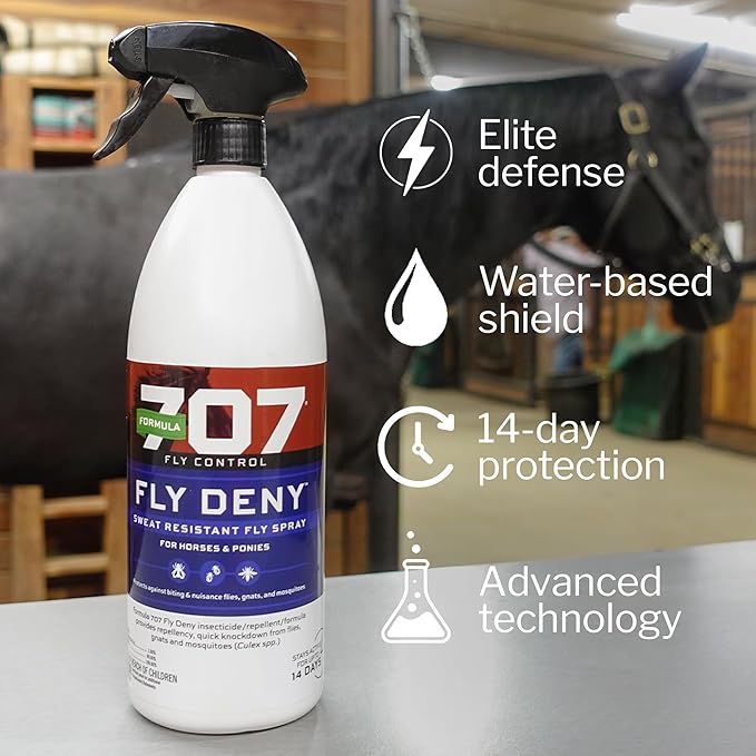 Formula 707 Fly Deny Spray for Horses & Ponies, Sweat-Resistant 14-Day Protection from Flies, Gnats & Mosquitoes, Repels and Kills, 32 Oz-PurrikoPets
