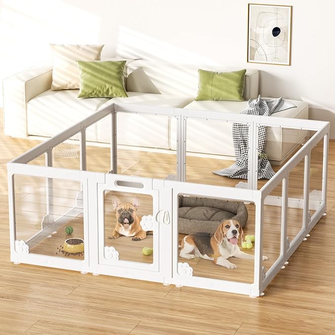 Acrylic Clear Dog Play Pen Indoors, Puppy Playpen with Door for Small Dogs Puppies, Transparent Plastic Pet Playpen Cage Fence Crate Kennel for Cat Kitten Rabbit Bunny Ferret etc (White-12 Panels)-PurrikoPets