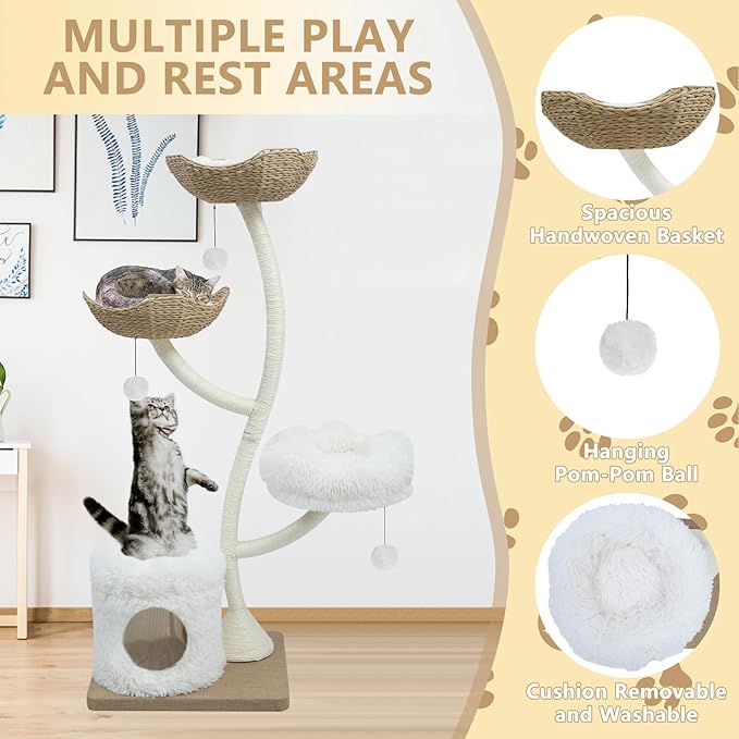 63” Tall Cat Tree Tower for Indoor Cats, Multi-Level Large Cat Climbing Furniture with Scratching Posts, Soft Perch, Cozy Cave, and Hanging Toys, Sturdy Design for Multi-Cat Households-PurrikoPets