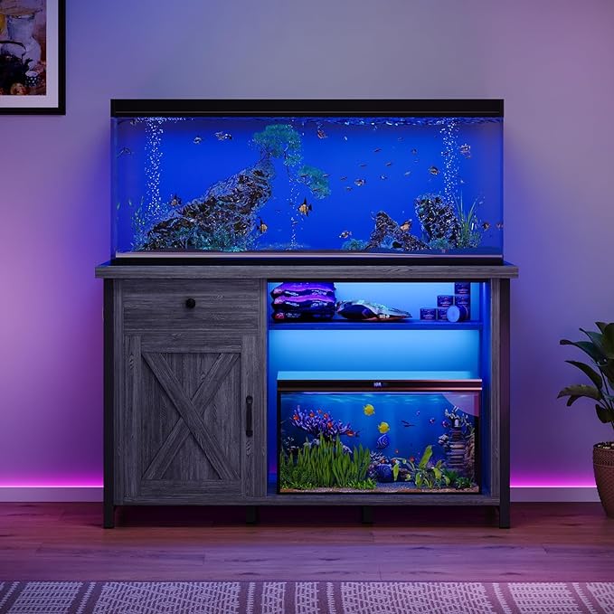 4ever2buy 55 Gallon Fish Tank Stand with LED Light & Power Outlets, 55-75 Gallon Aquarium Stand with Drawer & Barn Door, Cabinet for Fish Tank Accessories Storage for Reptile Tank, Turtle Tank, Gray-PurrikoPets