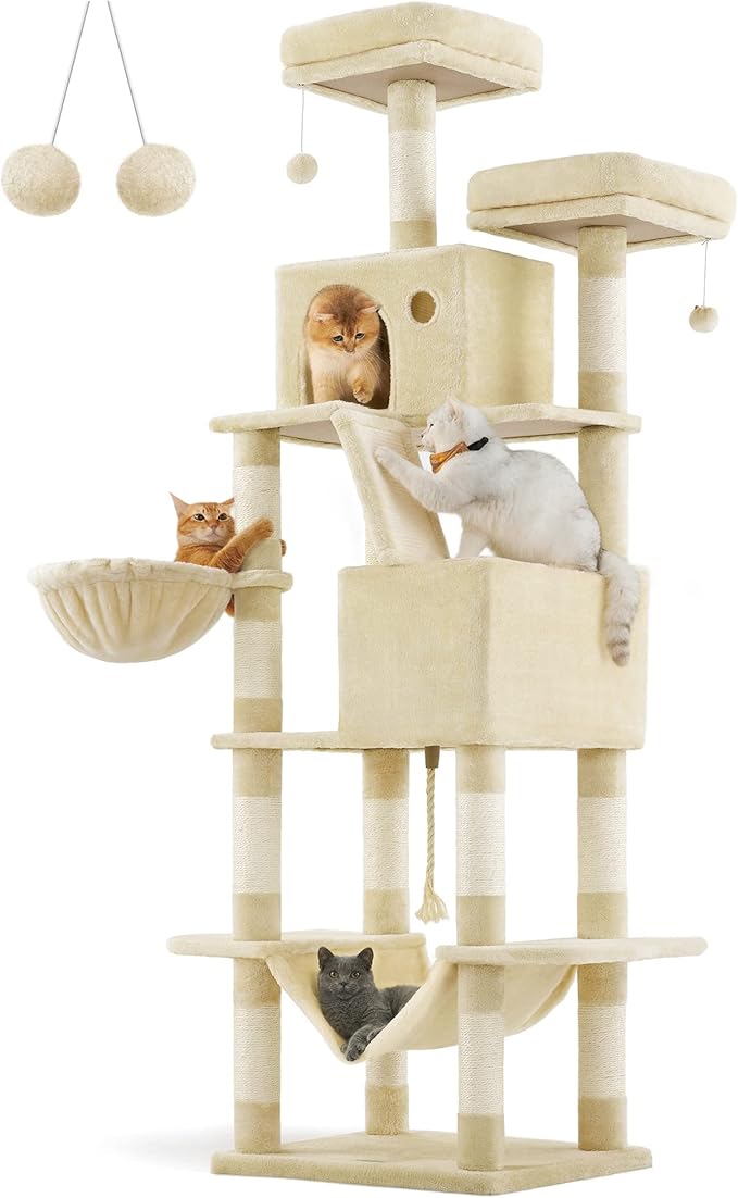 Feandrea Cat Tree, 81.1-Inch Large Cat Tower with 13 Scratching Posts, 2 Perches, 2 Caves, Basket, Hammock, Pompoms, Multi-Level Plush Cat Condo for Indoor Cats, Beige UPCT190M01-PurrikoPets