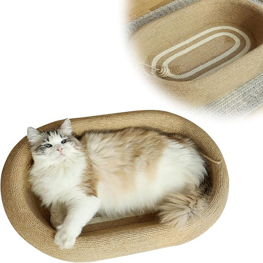 3-in-1 Sisal Scratching Board Bed, for Indoor Cats, Large Oval Cat Scratching Board, Toys for Playing and Nursing Paws (24x15x5 inches) (Large Size, Cat Bed - with Cooling Pad)-PurrikoPets