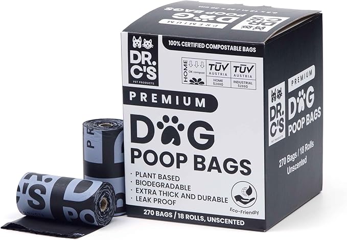 100% Certified Compostable Dog Poop Bags - Dr. C's Premium Dog Poop Bags - 270 Bags / 18 Rolls, Extra thick, Leak Proof, Unscented, Plant Based and Earth Friendly-PurrikoPets