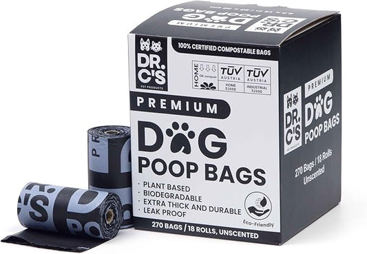 100% Certified Compostable Dog Poop Bags - Dr. C's Premium Dog Poop Bags - 270 Bags / 18 Rolls, Extra thick, Leak Proof, Unscented, Plant Based and Earth Friendly-PurrikoPets