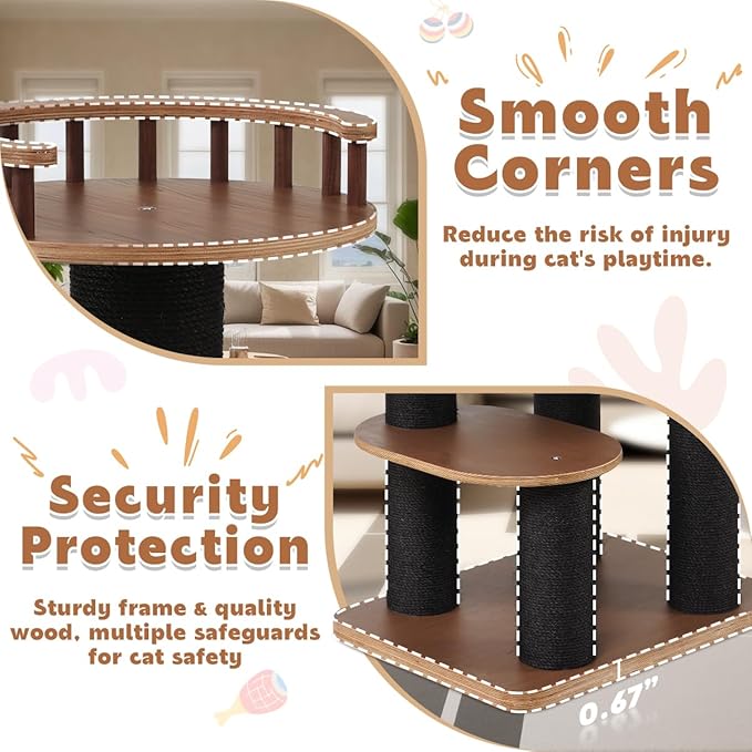 63'' Modern Cat Tree, Black Cat Tower with Scratching Post, Wooden Cat Tree for Indoor Cats Large Adult, Luxury Cat Furniture, Heavy Duty Activity Center with Transparent Bowl and Semi-Closed Condo-PurrikoPets