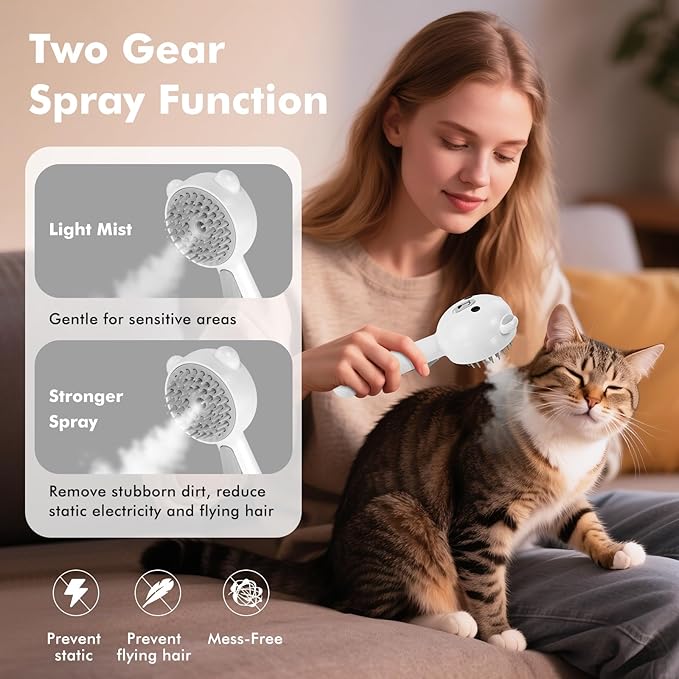 4 in 1 Pet Steam Brush for Cat & Dog, Cat Steam Brush for indoor Cats, Self Cleaning Shedding & Grooming Tool with Waterless Shampoo, Pet Spray Hair Removal Comb with Release Button & Water Tank-PurrikoPets