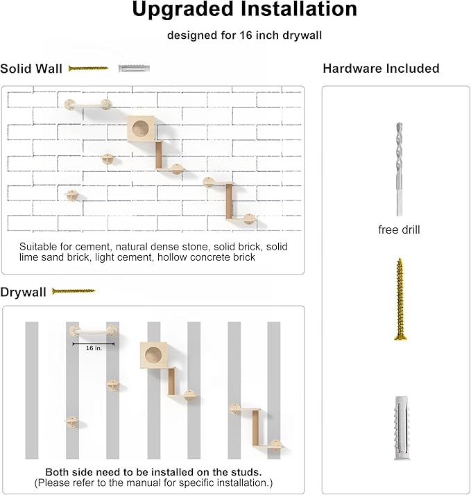 FUKUMARU Cat Wall Shelves, 5-Piece Stable Wooden Wall-Mounted Furniture Set, Kitty Climber with Hammock, House, Steps, Scratching Post (Beige)-PurrikoPets