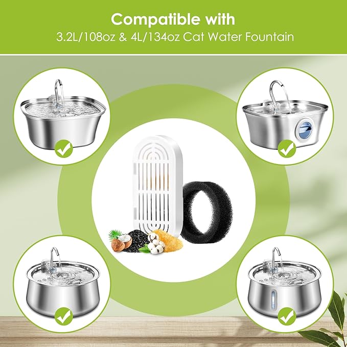 6 Pack Replacement Cat Fountain Filters & Replacement Sponges for Stainless Steel Pet Fountain with Water Level Window, Fountain Carbon Filters for Dog Water Dispenser Bowl-PurrikoPets