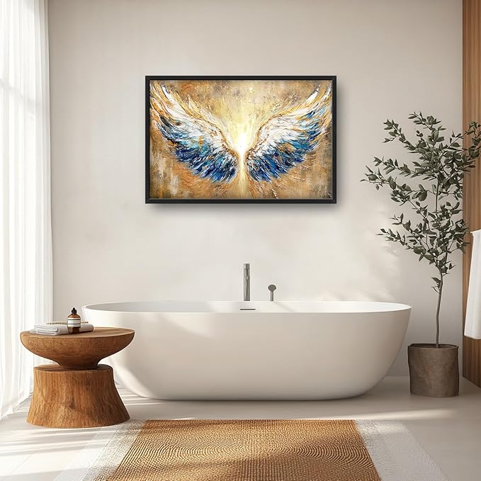 Extra Large Angel Wings Framed Wall Art for Living Room,Oversized Golden Wings Pictures Wall Decor,Holy Gold Blue Canvas Print Painting Modern Artwork Bedroom Office Bathroom 36L" x 24W"-PurrikoPets