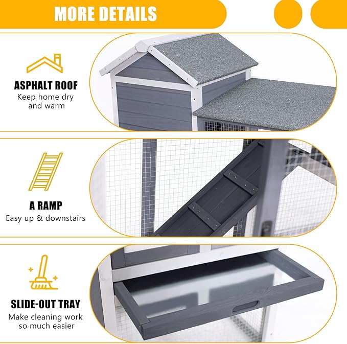 GEGURI Large Rabbit Hutch Indoor Outdoor Chicken Coop Wooden Bunny Cage with Waterproof Roof (48''L x 24''W x 36''H Grey)-PurrikoPets