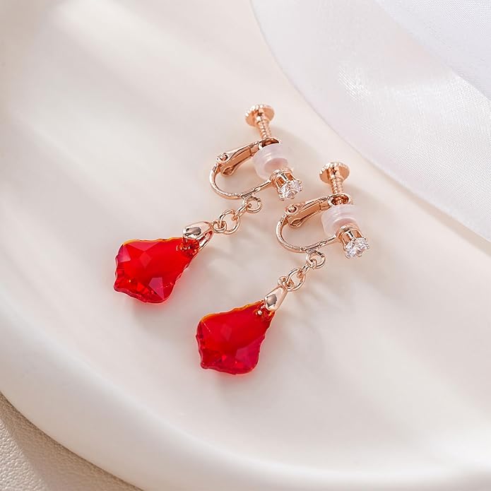 Austrian Crystal Baroque Drop Clip On Dangle Earrings for Women Non Pierced 14K Rose Gold Plated Hypoallergenic Jewelry