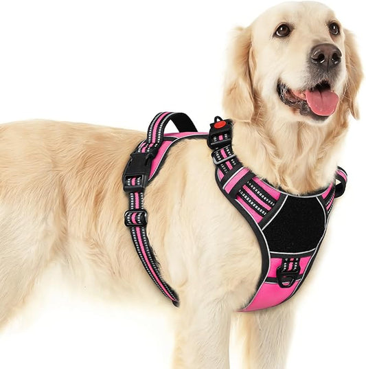 Eagloo Dog Harness for Large Dogs, Easy Wearing with 3 Buckles, Adjustable No Pull Pet Harness with 2 Rings for Walking, No Chock Reflective Soft Padded Vest with Control Handle, Pink & Black, L-PurrikoPets
