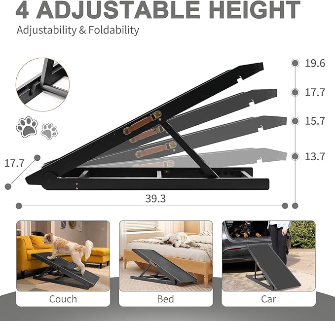 ABORON Dog Ramp,Adjustable Folding Pet Ramp for Bed,Couch,SUV - High Traction Portable Rubber Paw Ramps,Great for Small & Large Old Dogs & Cats, Supports up to 200 lbs,39.3''Long-PurrikoPets