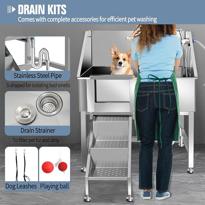 38" Pet Dog Bathing Station W/Stairs, Professional Stainless Steel Dog Grooming Tub W/Soap Box, Faucet,Rich Accessory, Dog Bathtub for Large,Medium,Small Pets, Washing Sink for Home,L-RAMP-PurrikoPets