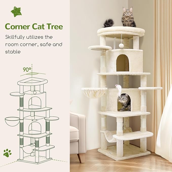 Globlazer Corner Cat Tree for Large Cats, 66inch Tall Curved Series Large Cat Tower for Multiple Indoor Cats with 6 Scratching Posts, 2 Spacious Cat Condos, Hammock, Hanging Basket, C66, Beige-PurrikoPets