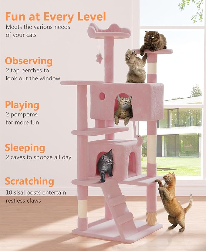 60'' Cat Tree Tower for Indoor Cats Large Adult,Cute/Tall Modern Cat Tree for Big Cats 20 lbs, Plush Multi-Level Cat Condo with Scratching Posts,Dangling for Fun Play (Soft Pink, 60 inch)-PurrikoPets