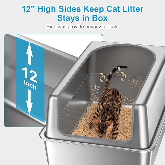 12'' High Sides XL All Stainless Steel Cat Litter Box with Lid,Deep Metal Litter Box for Big Cats,Extra Large Litter Boxes with High Wall Enclosure,Anti-Leakage,Never Absorbs Odors,Non-Sticky Surface-PurrikoPets