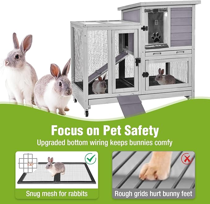 2-Story Rabbit Hutch Indoor Bunny Cage Outdoor Guinea Pig House with Wire Mesh Floor, Leak-Proof Trays, Lockable Wheels for Rabbits, Guinea Pigs, 40.6" L x 26" W x 37.6" H-PurrikoPets